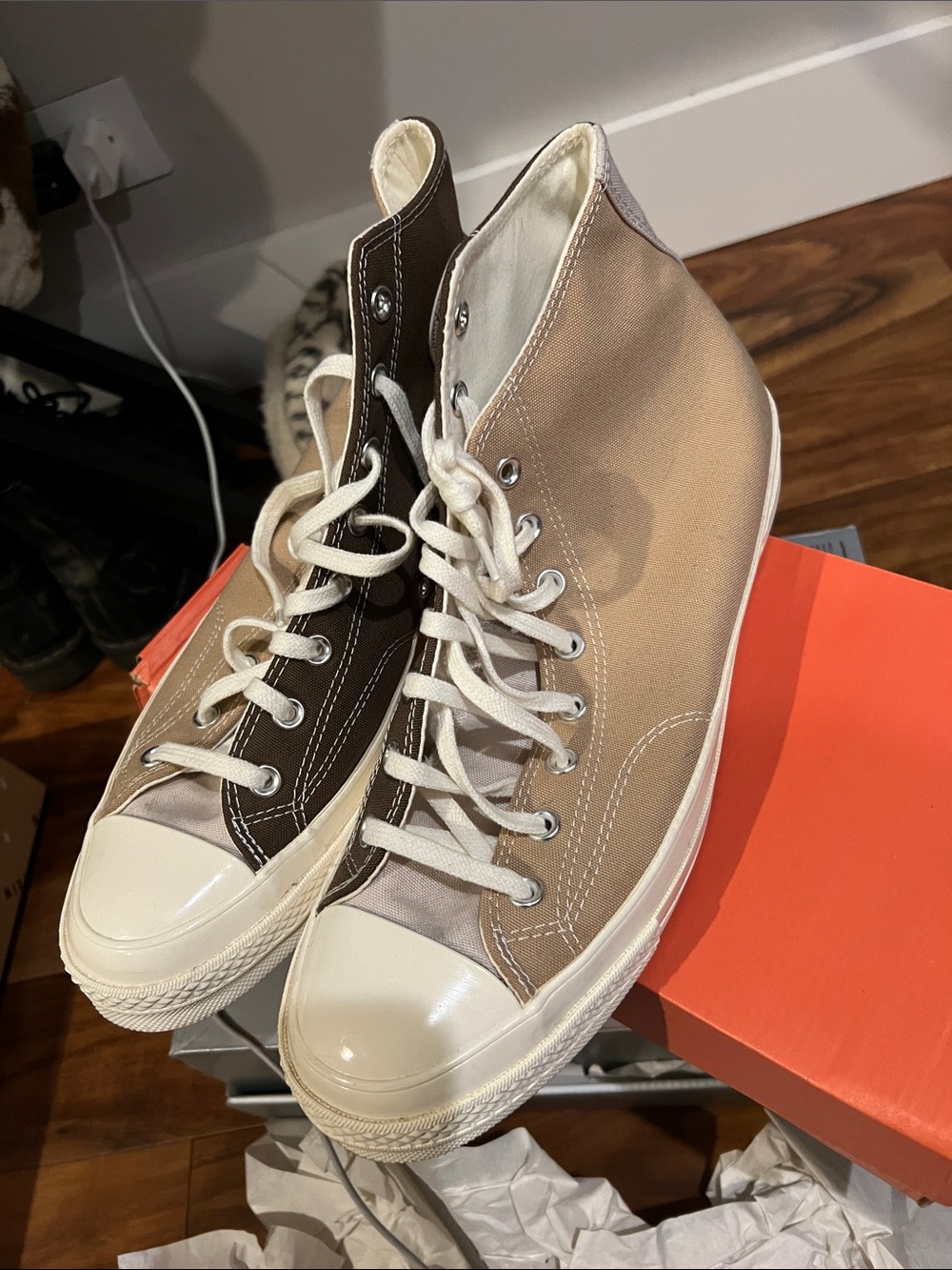 Converse Two-Tone High-Top Sneakers in Brown & Beige
